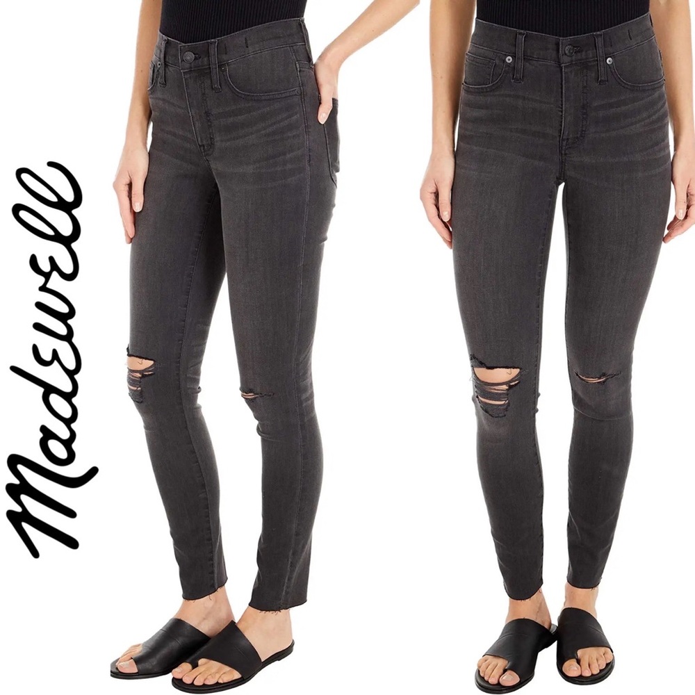 Madewell 9" High Rise Skinny Jeans in Black Sea Raw Hem Distressed Boho H2230 27